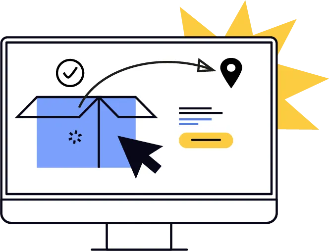 Ilustração de um monitor com uma caixa sendo enviada a um destino